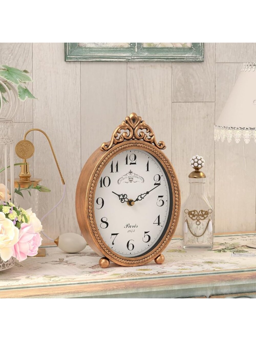 Vintage Antique Gold Table Clock | Rustic French Style Decorative Mantel Clock - Picture 2 of 8
